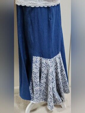 Western Cowgirl Vintage Circle T Denim Maxi Skirt With Lace Back Detail